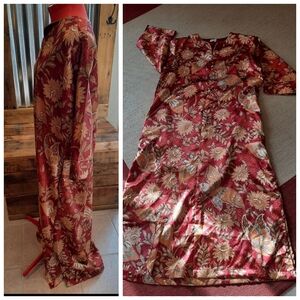 Asian floral silky caftan maxi dress M Sante